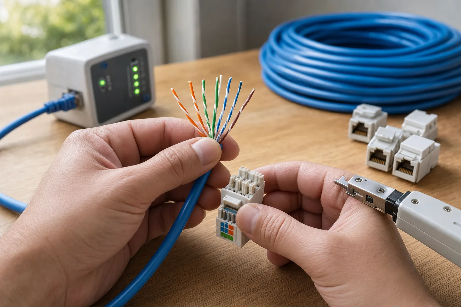 Обжим витой пары и keystone-розетки RJ45 на этапе монтажа СКС в квартире